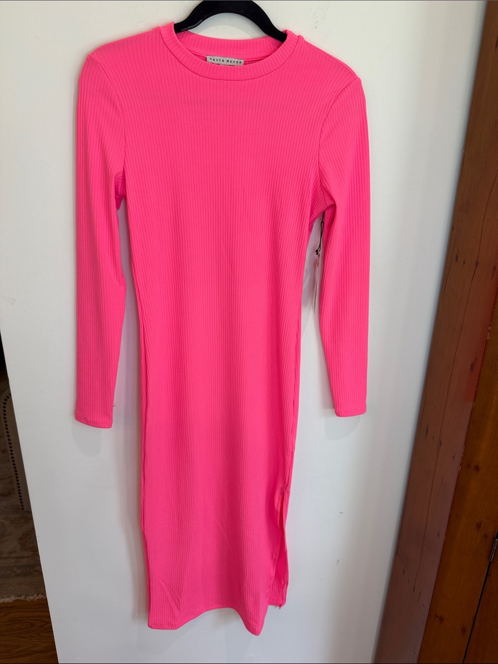 Haute Monde Neon Pink Ribbed Long-Sleeve Midi Dress, S Bodycon, Chic